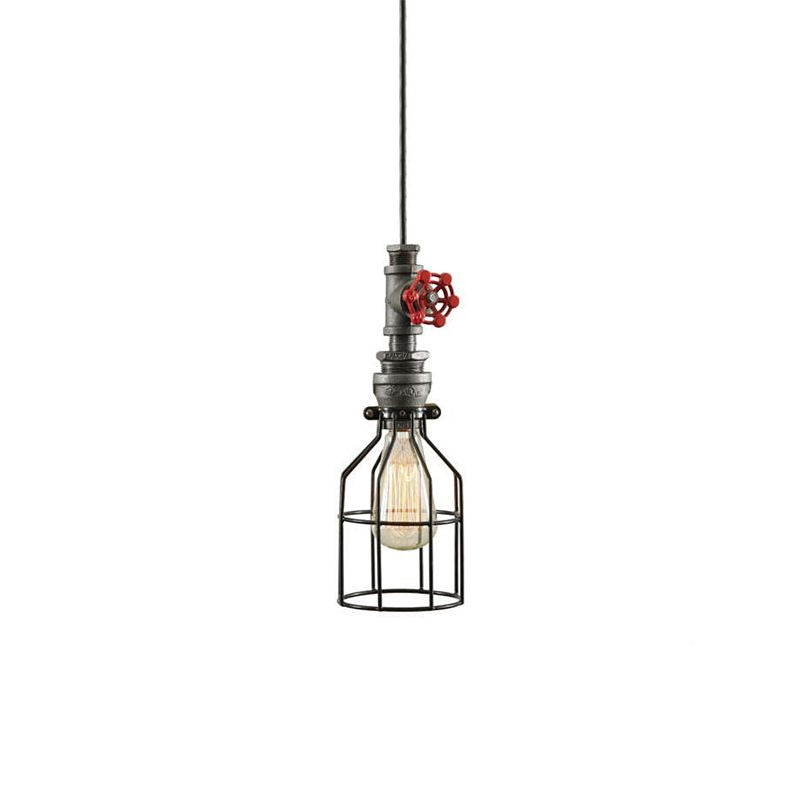 Antique Style Caged Pendant Light with Water Valve and Pipe - Grey Finish