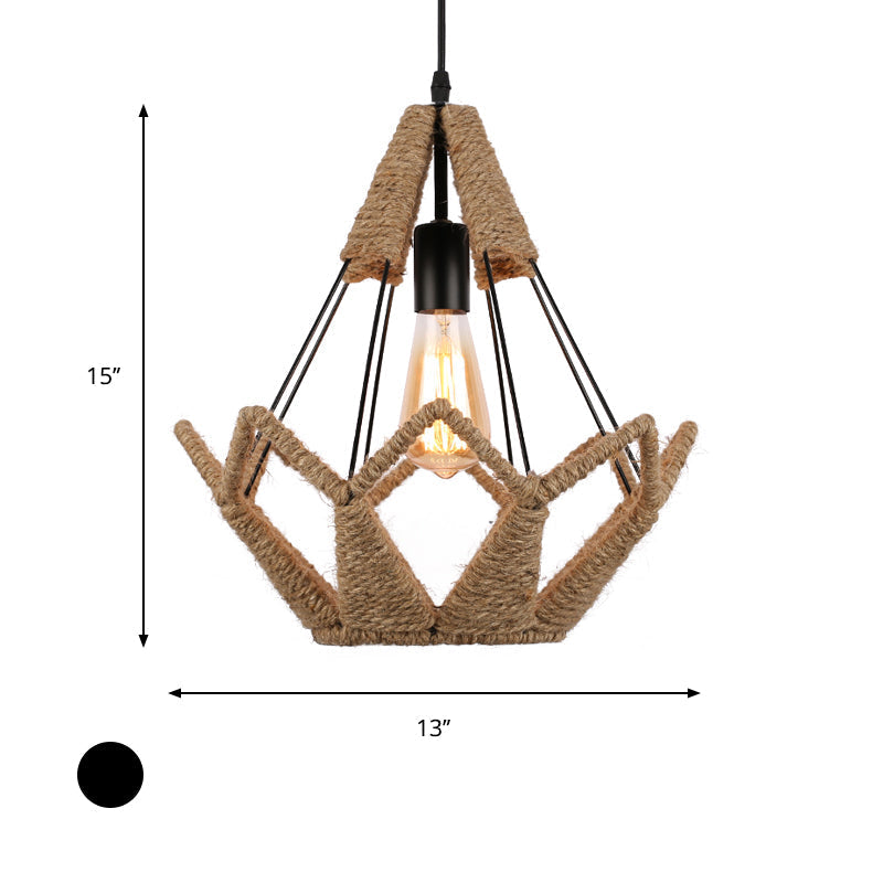 Industrial Style Pyramid Cage Pendant Lamp - Natural Rope and Metal, 1 Head, Black Hanging Light for Restaurants