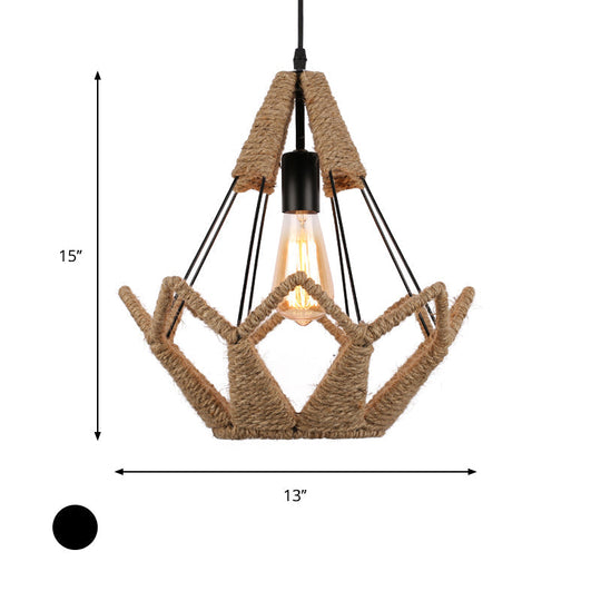 Industrial Style Pyramid Cage Pendant Lamp With Natural Rope And Metal - Black Hanging Light Fixture