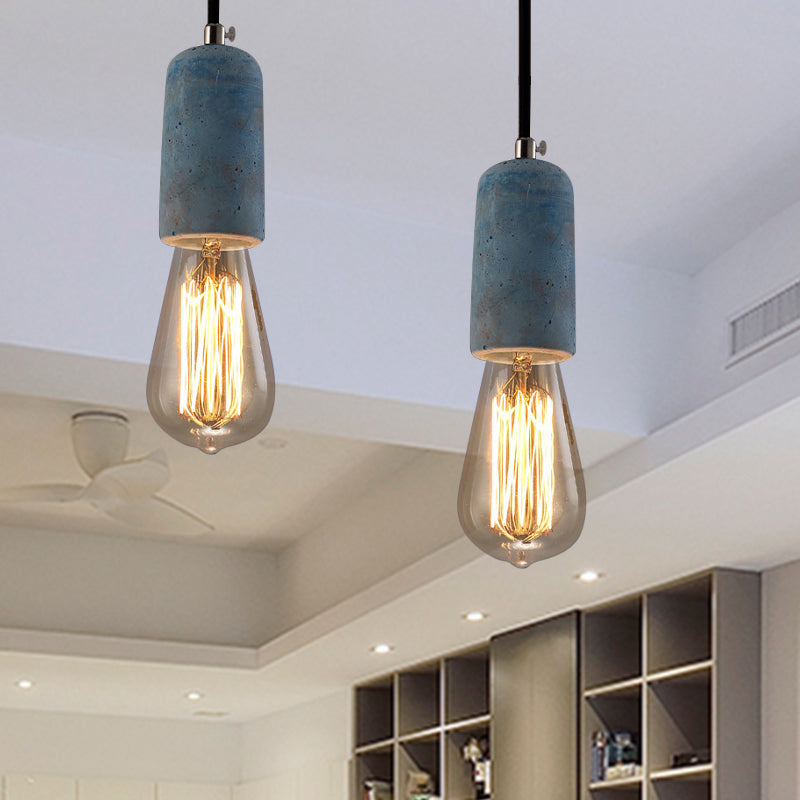 Vintage Style Blue/Gray Cement Mini Pendant Light with Open Bulb – Adjustable Cord