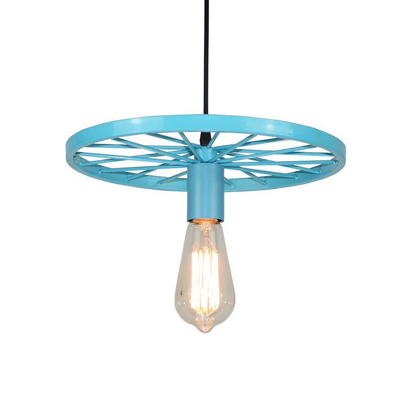 Vintage Wheel Decorated Bare Bulb Ceiling Light In Blue/Yellow: Wrought Iron Pendant Lamp