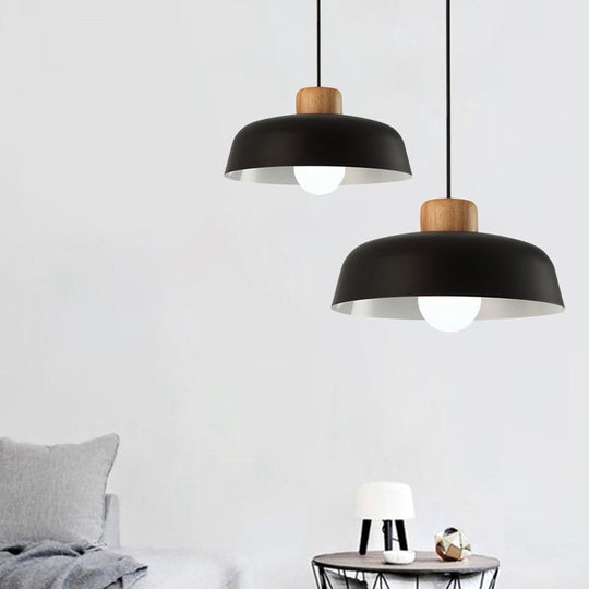 Bowl Shaped Hanging Fixture Nordic Style Black/White Metal and Wood Pendant Lighting with Adjustable Cord