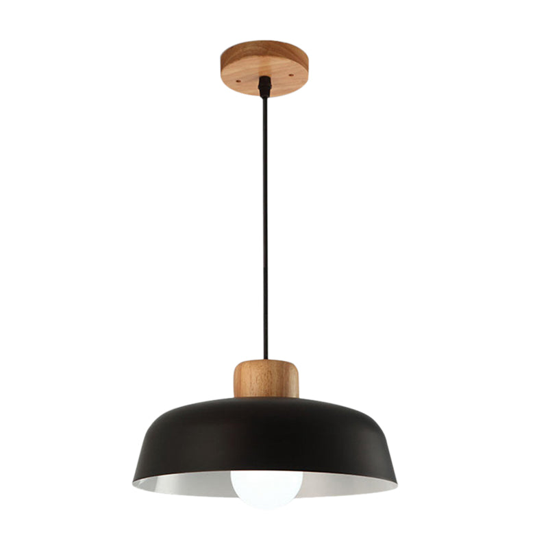 Bowl Shaped Hanging Fixture Nordic Style Black/White Metal and Wood Pendant Lighting with Adjustable Cord