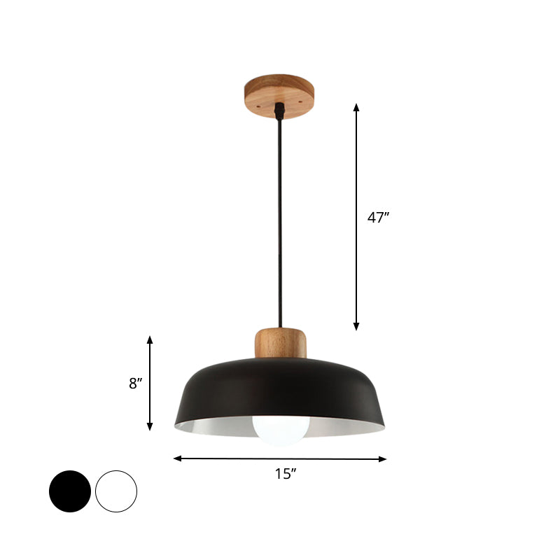 Bowl Shaped Hanging Fixture Nordic Style Black/White Metal and Wood Pendant Lighting with Adjustable Cord