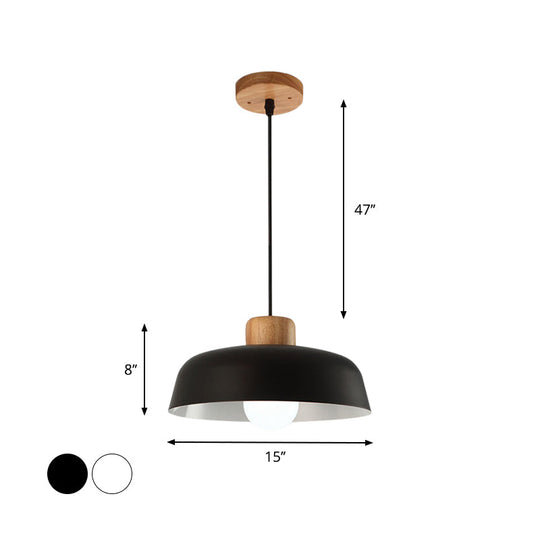 12/15 Nordic Style Bowl Pendant Lighting - Black/White Metal And Wood Fixture With Adjustable Cord