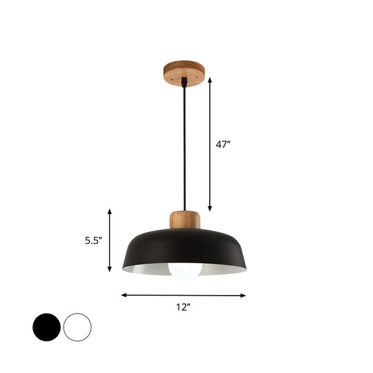 Bowl Shaped Hanging Fixture Nordic Style Black/White Metal and Wood Pendant Lighting with Adjustable Cord