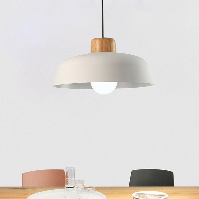 12/15 Nordic Style Bowl Pendant Lighting - Black/White Metal And Wood Fixture With Adjustable Cord