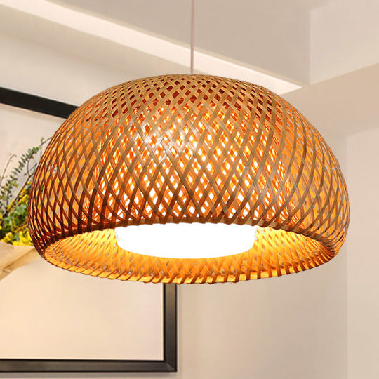 Rustic Bamboo Double-Decker Domed Hanging Lamp - 1 Light Suspended For Restaurant Dining Room