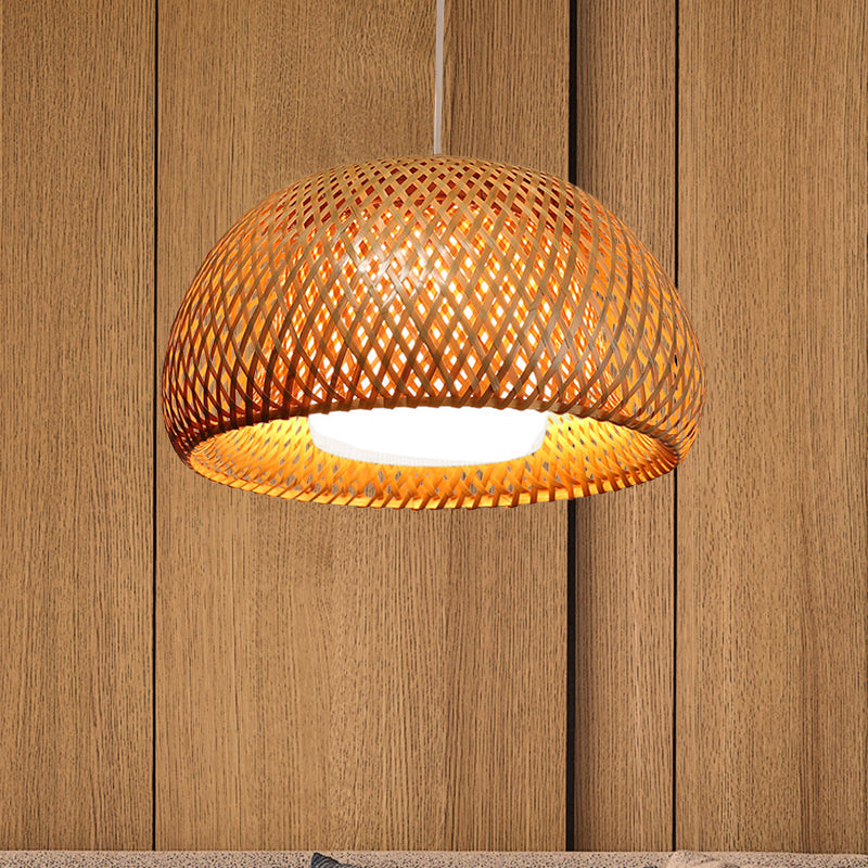 Rustic Bamboo Double-Decker Domed Hanging Lamp - 1 Light Suspended For Restaurant Dining Room