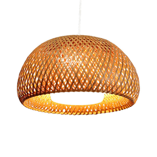 Rustic Bamboo Double-Decker Domed Hanging Lamp - 1 Light Suspended For Restaurant Dining Room