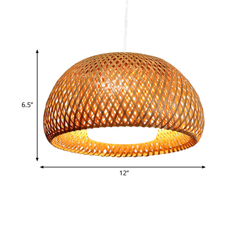 Rustic Bamboo Double-Decker Domed Hanging Lamp - 1 Light Suspended For Restaurant Dining Room