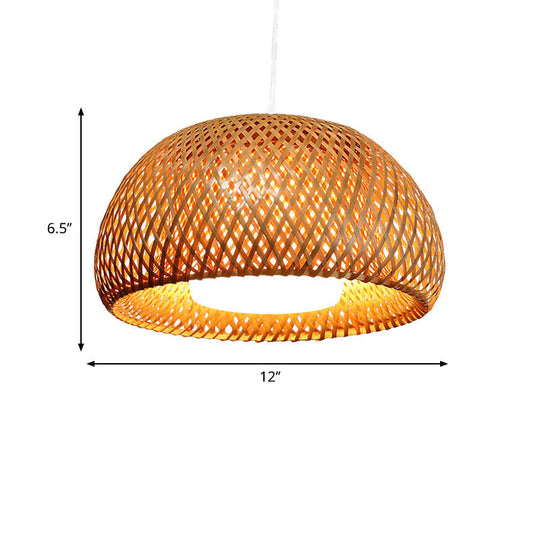 Rustic Bamboo Double-Decker Domed Hanging Lamp - 1 Light Suspended For Restaurant Dining Room