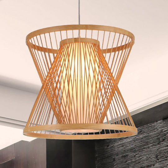 Asian Bamboo Lantern Pendant Light With Paper Inside Shade - Restaurant Hanging Lamp Series Beige /