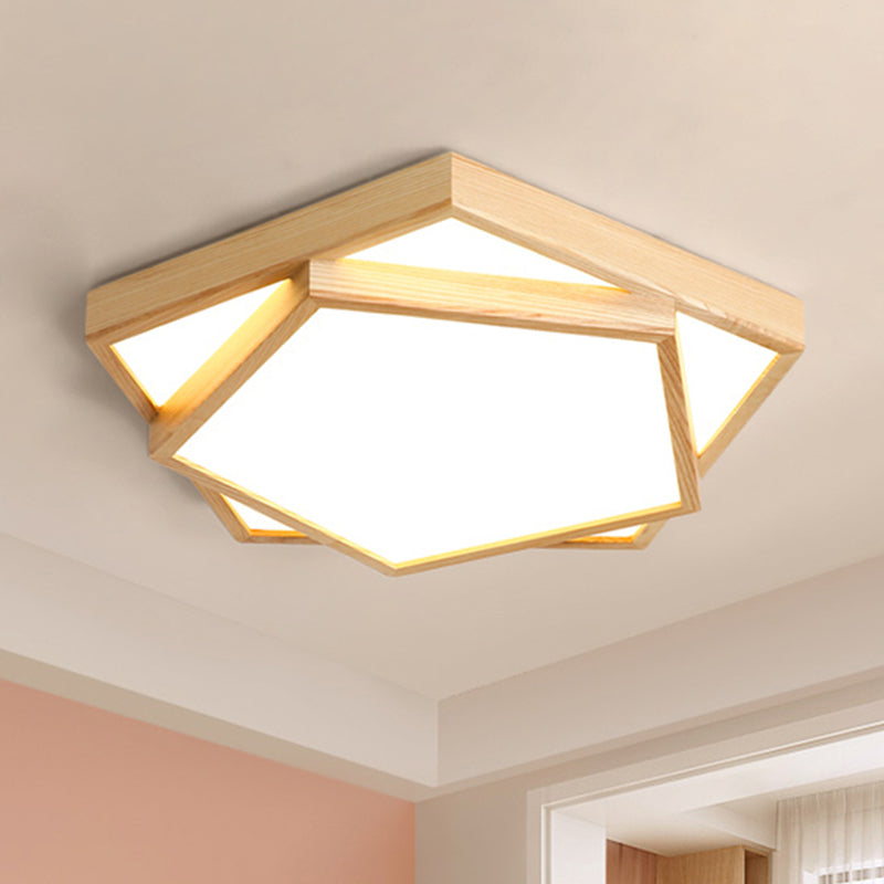 Wide Modern Pentagon Wooden Flush Mount Ceiling Lamp - LED Pendant Light Fixture (1-Light) in Warm/White Light - 14"/18"/21.5