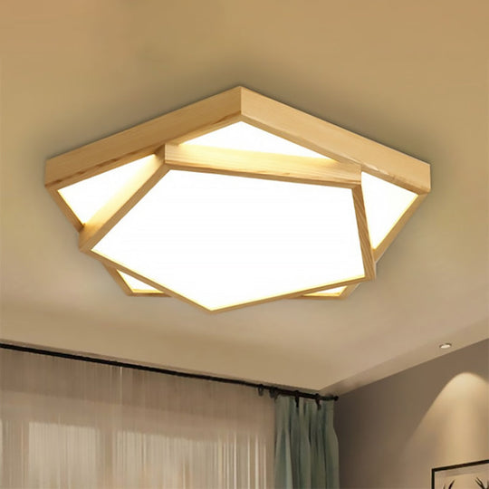 Wide Modern Pentagon Wooden Flush Mount Ceiling Lamp - LED Pendant Light Fixture (1-Light) in Warm/White Light - 14"/18"/21.5