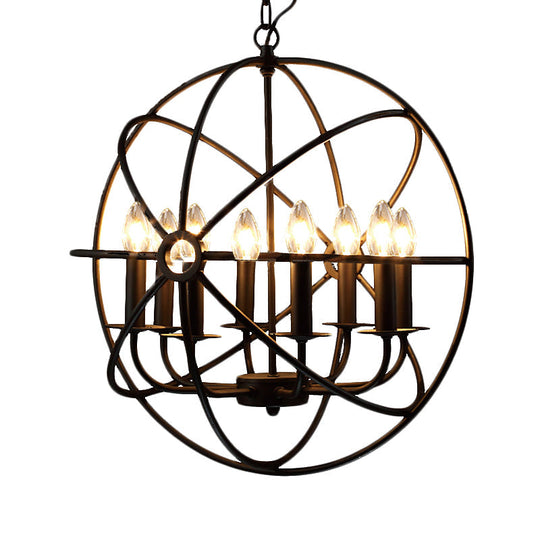 Vintage Black Metal Ball Cage Pendant Lighting For Dining Room - 4/5/6/8 Lights Antique Candle Style