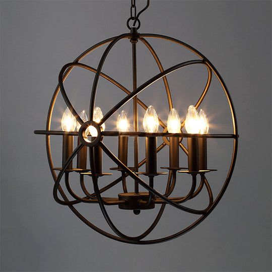 Vintage Black Metal Ball Cage Pendant Lighting For Dining Room - 4/5/6/8 Lights Antique Candle Style