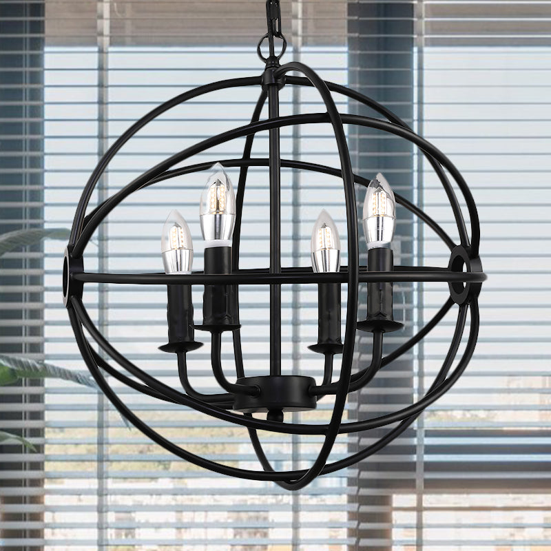 Vintage Black Metal Ball Cage Pendant Lighting For Dining Room - 4/5/6/8 Lights Antique Candle Style