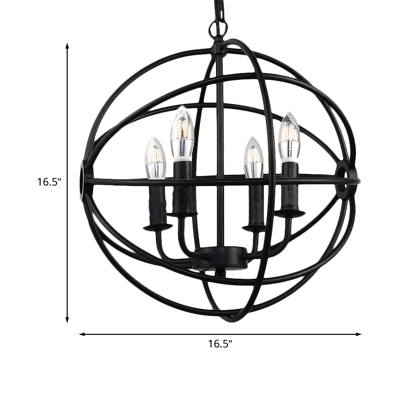 Vintage Black Metal Ball Cage Pendant Lighting For Dining Room - 4/5/6/8 Lights Antique Candle Style