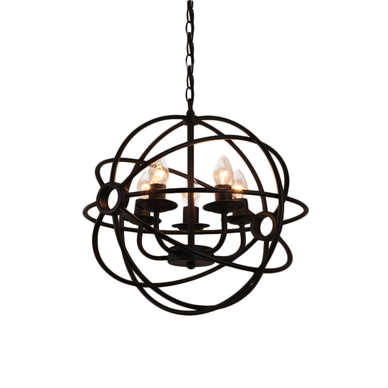 Vintage Black Metal Ball Cage Pendant Lighting For Dining Room - 4/5/6/8 Lights Antique Candle Style