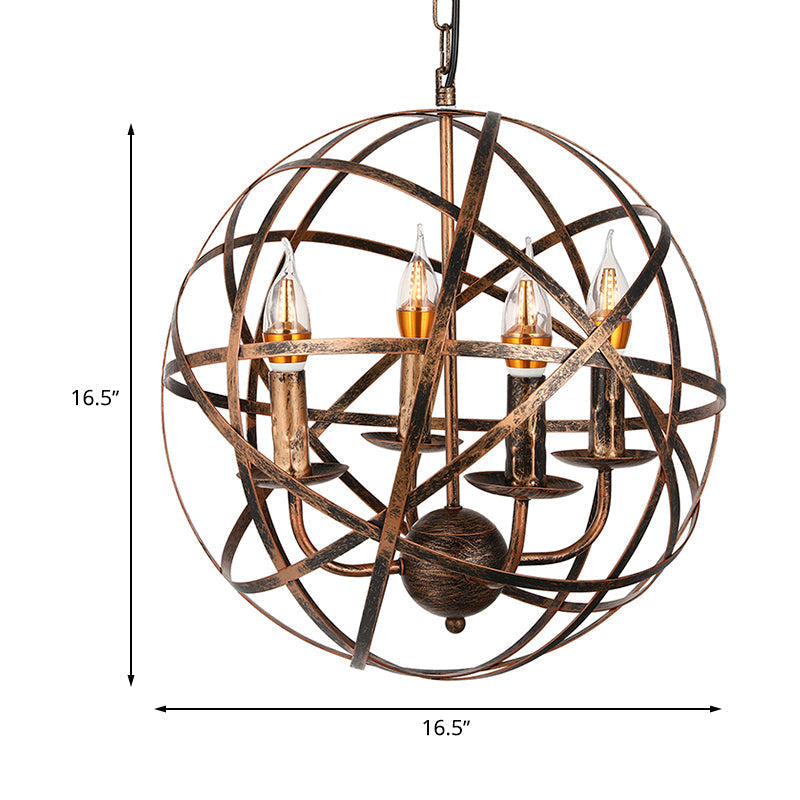 Vintage Style Antique Brass Chandelier Light Fixture- 4-Head Ceiling With Iron Globe Cage Shade -