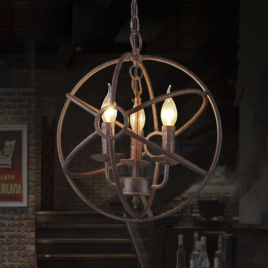 Spherical Wrought Iron Hanging Light: Antique Style Indoor Chandelier Lamp in Black/Rust with 3/6/7 Lights