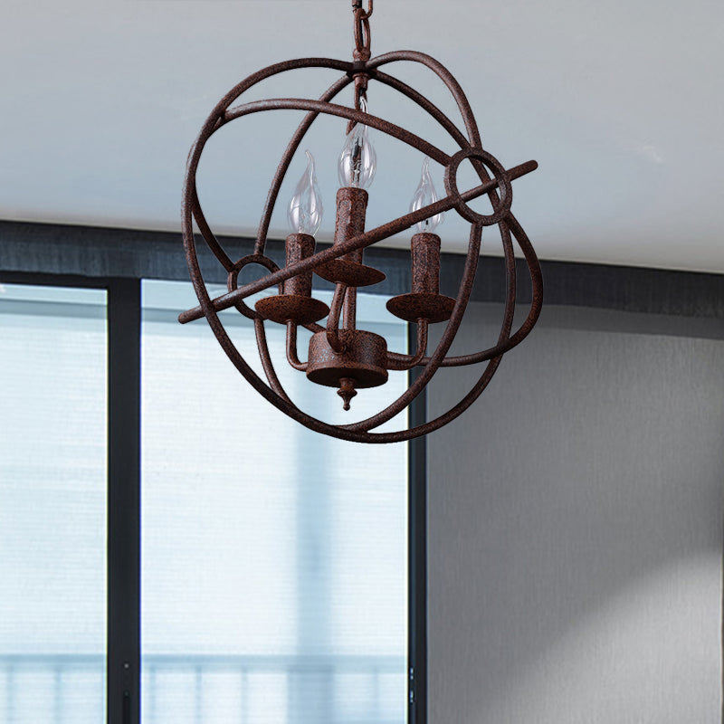 Spherical Wrought Iron Hanging Light: Antique Style Indoor Chandelier Lamp in Black/Rust with 3/6/7 Lights