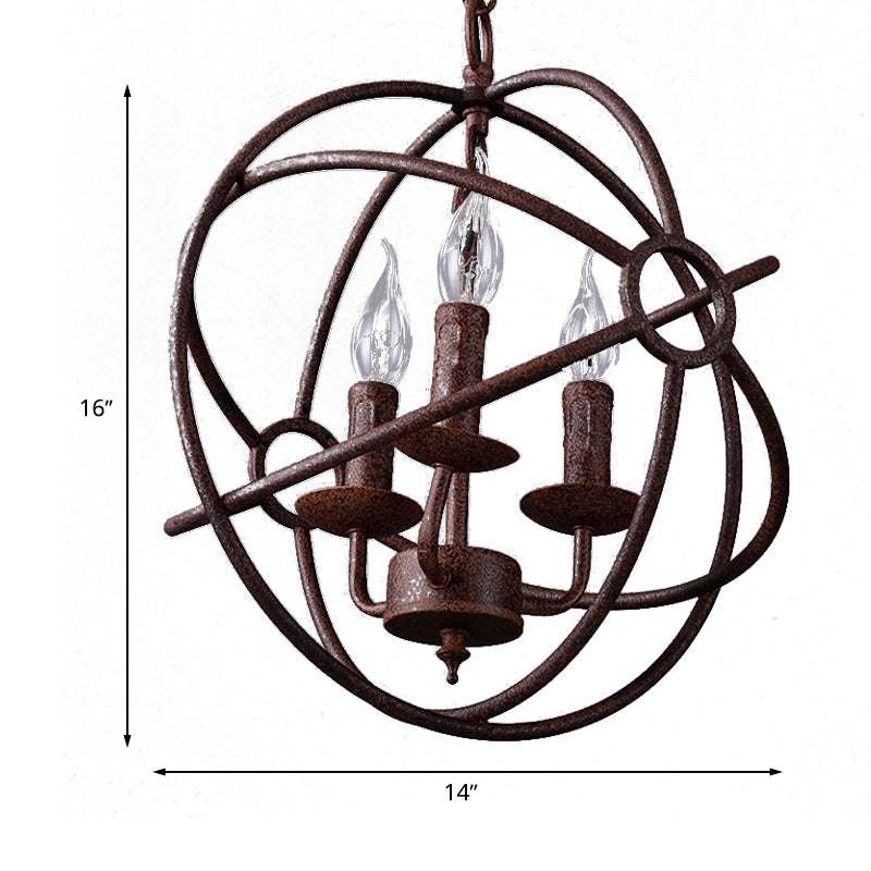 Spherical Wrought Iron Hanging Light: Antique Style Indoor Chandelier Lamp in Black/Rust with 3/6/7 Lights