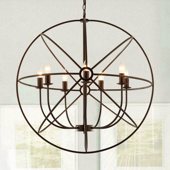 Spherical Wrought Iron Hanging Light: Antique Style Indoor Chandelier Lamp in Black/Rust with 3/6/7 Lights