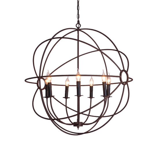 Spherical Wrought Iron Hanging Light: Antique Style Indoor Chandelier Lamp in Black/Rust with 3/6/7 Lights