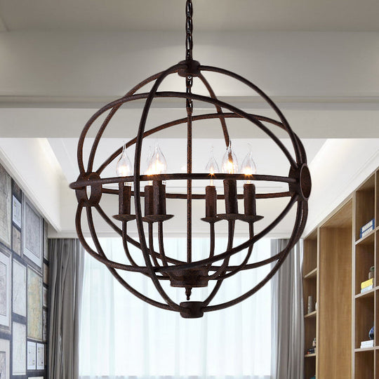 Spherical Wrought Iron Hanging Light: Antique Style Indoor Chandelier Lamp in Black/Rust with 3/6/7 Lights