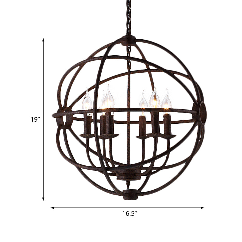 Spherical Wrought Iron Hanging Light: Antique Style Indoor Chandelier Lamp in Black/Rust with 3/6/7 Lights