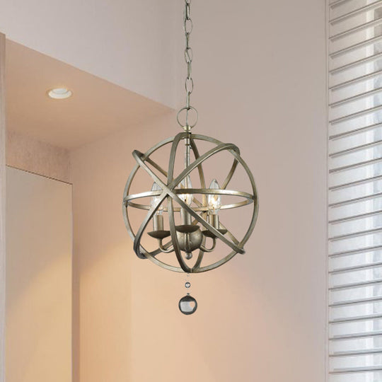 Farmhouse Style Iron Kitchen Chandelier Pendant Light - Orb Caged Design, 3 Lights, Pewter Finish with Crystal Decoration