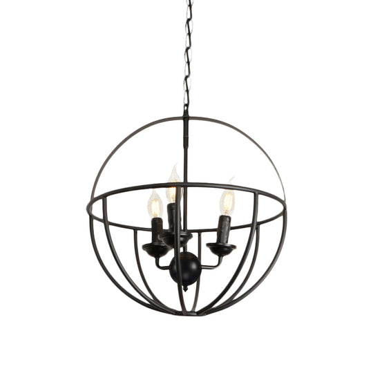 Antique Metallic 3-Light Black Circle Cage Hanging Lamp - Restaurant Chandelier Fixture