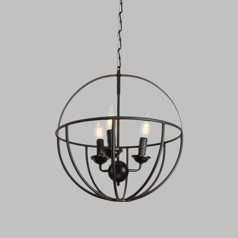 Antique Black Circle Cage Shade Restaurant Chandelier - Metallic 3-Light Hanging Lamp