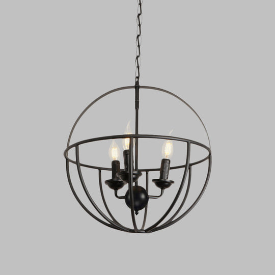 Antique Black Circle Cage Shade Restaurant Chandelier - Metallic 3-Light Hanging Lamp