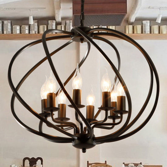 Industrial Black Round Cage Chandelier - 8-Light Pendant Light for Large Dining Rooms with Candle Decoration