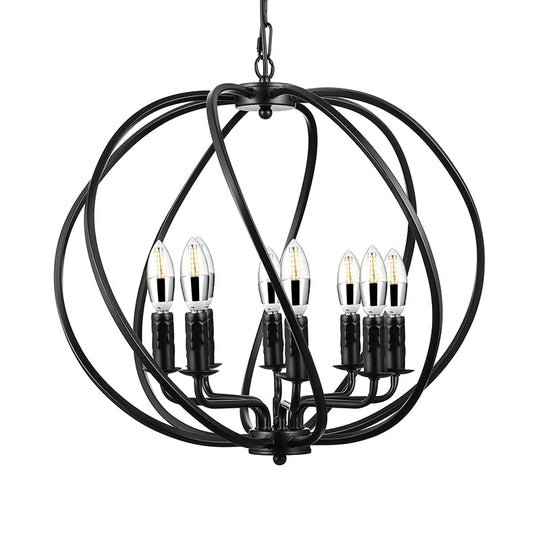 Industrial Black Round Cage Chandelier - 8-Light Pendant Light for Large Dining Rooms with Candle Decoration