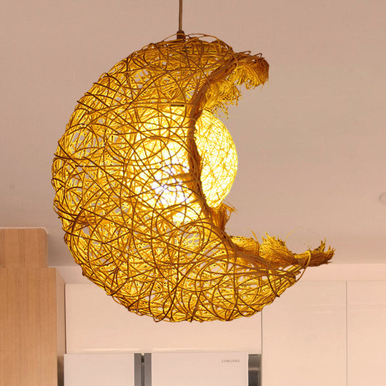 Rustic Rattan Moon Pendant Light - Hand Knitted Single Beige Ideal For Kids Room