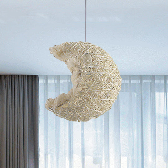 Rustic Rattan Moon Pendant Light - Hand Knitted Single Beige Ideal For Kids Room