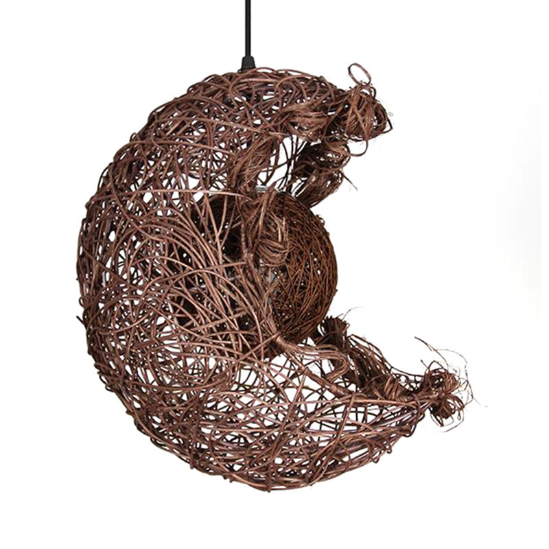 Rustic Rattan Moon Pendant Light - Hand Knitted Single Beige Ideal For Kids Room