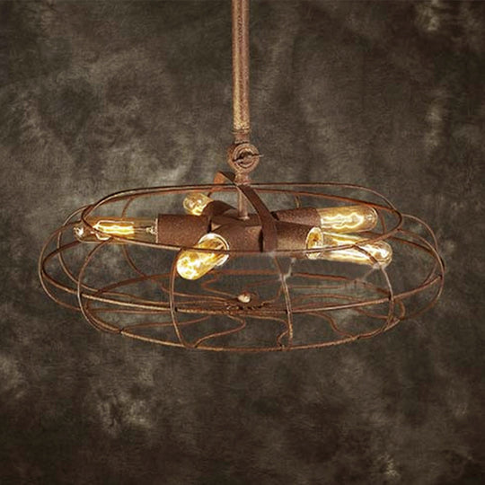 Rustic Farmhouse Ceiling Fan Light: Wire Frame, Fan Shape, 5 Bulbs, Wrought Iron, Dark Rust Chandelier Lamp