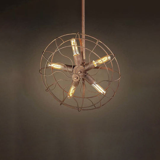 Rustic Farmhouse Ceiling Fan Light: Wire Frame, Fan Shape, 5 Bulbs, Wrought Iron, Dark Rust Chandelier Lamp