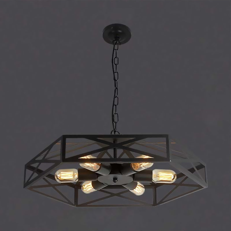 Iron Farmhouse Chandelier Pendant Light With 6 Geometric Cage-Shaded Black Lights