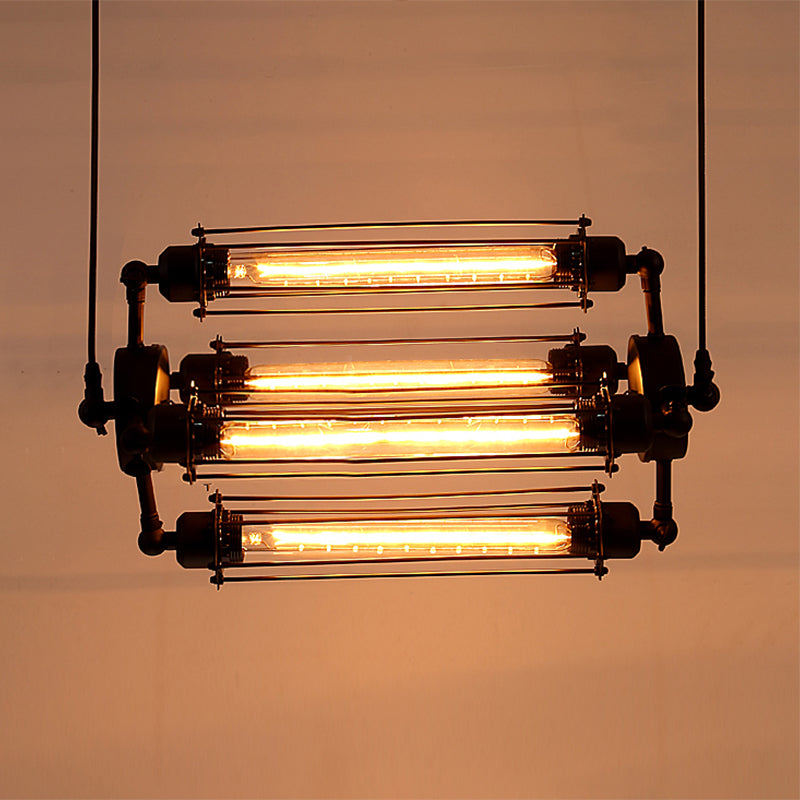 Industrial Style 4-Light Chandelier with Tube Cage Shade - Vertical/Horizontal Indoor Hanging Lamp in Black