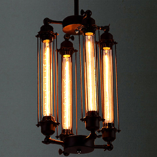 Industrial Style 4-Light Chandelier with Tube Cage Shade - Vertical/Horizontal Indoor Hanging Lamp in Black