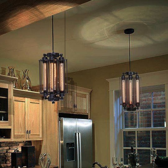 Industrial Style 4-Light Chandelier with Tube Cage Shade - Vertical/Horizontal Indoor Hanging Lamp in Black