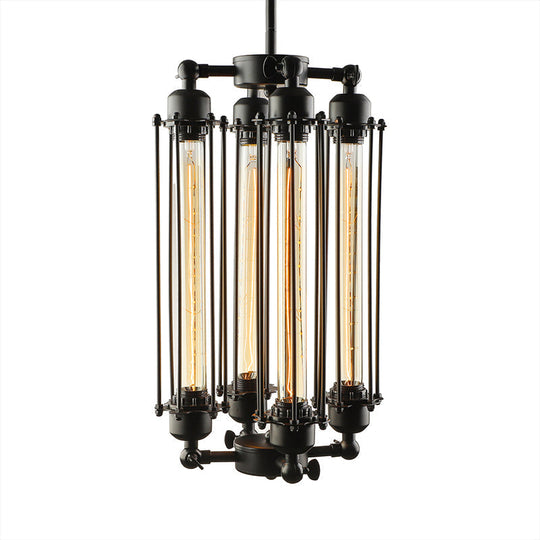 Industrial Style 4-Light Cage Chandelier Lamp - Vertical/Horizontal Hanging Fixture Black Finish