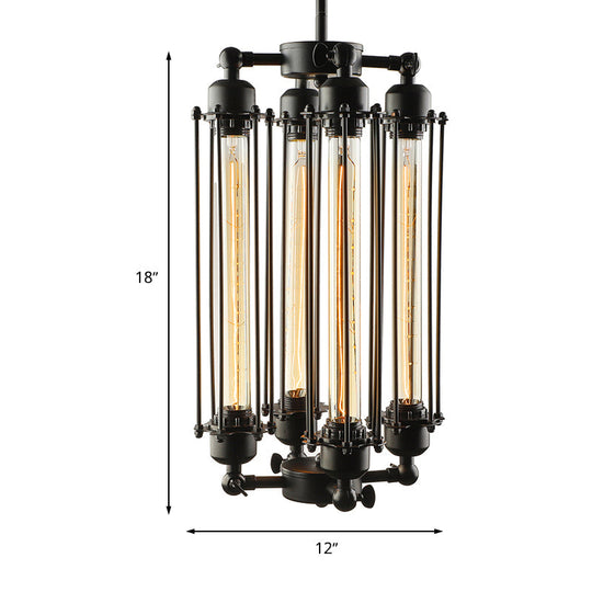 Industrial Style 4-Light Chandelier with Tube Cage Shade - Vertical/Horizontal Indoor Hanging Lamp in Black