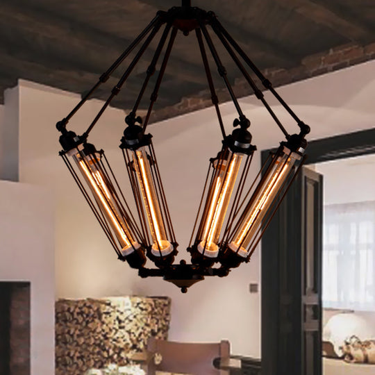 Industrial Metal Pendant Ceiling Lamp - 4-Light Indoor Chandelier Fixture With Tube Cage Design In